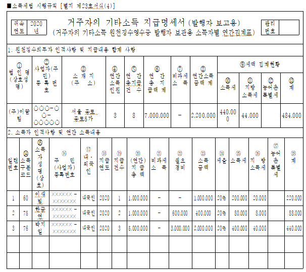 거주자의 기타소득 지급명세서(발행자 보고용) 서식 : 자세한 내용은 한글파일을 다운로드하여 참고