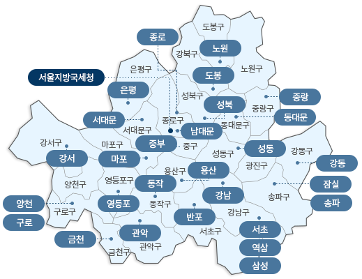 서울특별시 지도 : 도봉구(노원), 강북구(도봉), 노원구, 은평구(은평), 성북구(성북), 종로구(서울지방국세청, 남대문), 중랑구(중랑), 동대문구(동대문), 서대문구(서대문), 중구(중부), 성동구(성동), 광진구, 강동구(강동), 송파구(잠실, 송파), 강남구(강남, 서초, 역삼, 삼성), 용산구(용산), 동작구(동작), 서초구(반포), 관악구(관악), 금천구(금천), 양천구(양천), 구로구(구로), 양천, 강서구(강서), 마포구(마포), 영등포구(영등포)