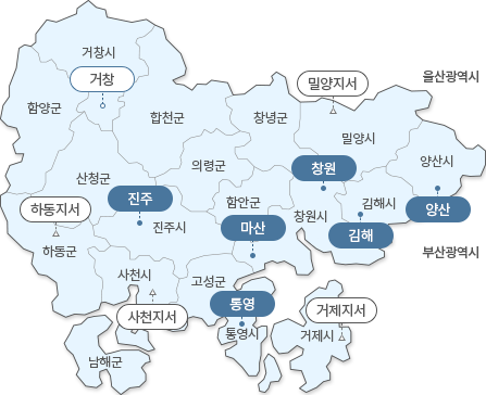 경상남도 지도 : 울산광역시, 부산광역시, 거창시(거창), 함양군, 합천군, 산청군, 하동군(하동), 진주시(진주), 사천시(사천), 의령군, 창녕군, 밀양시(밀양), 양산시(양산), 김해시(김해), 함안군, 창원시(창원), 마산시(마산), 진해시, 고성군, 남해군, 통영시(통영), 거제시(거제)