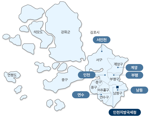 인천광역시 지도 : 남동구(인천지방국세청, 남인천), 부평구, 서구(서인천, 인천), 계양구(북인천), 동구, 중구, 미추홀구, 연수구(연수), 강화군, 석모도, 중구, 연평도