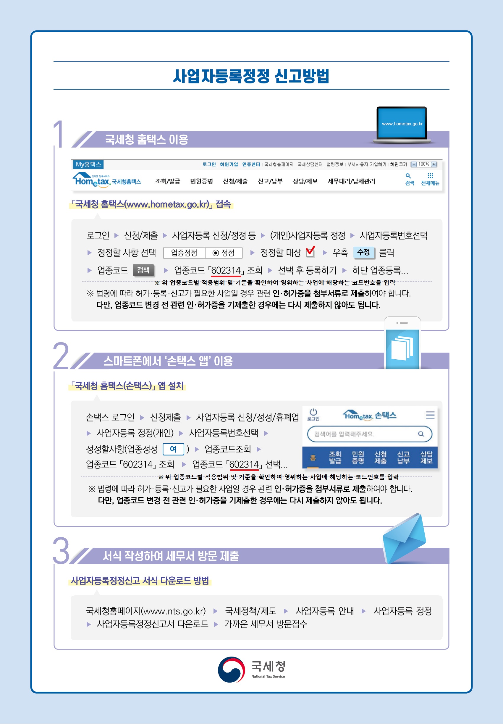 고용보험 적용 관련) 사업자등록형 특고 신설 업종코드 및 사업자등록 정정신고 방법 안내 | 국세청>국세정책/제도>소득자료 제출  안내>참고자료실