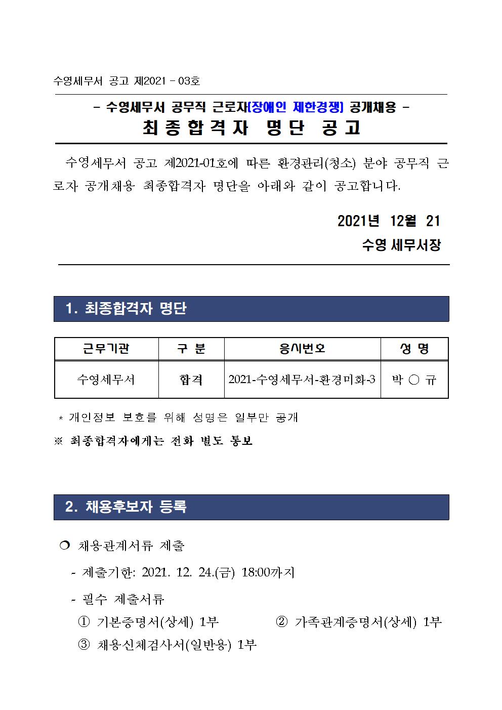 수영세무서 공무직 근로자 공개채용 최종합격자 명단 공고 이미지 2