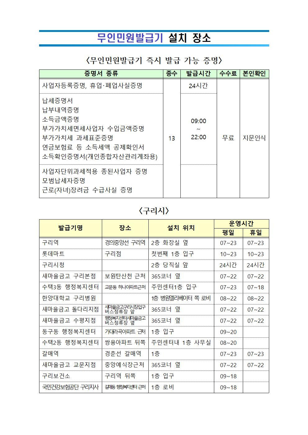 무인민원발급기 설치장소 및 운영시간 이미지 1