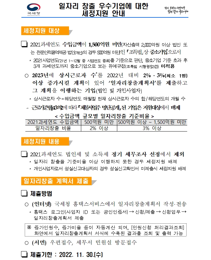 일자리 창출 우수기업에 대한 세정지원 안내 : 자세한 내용은 아래 참조