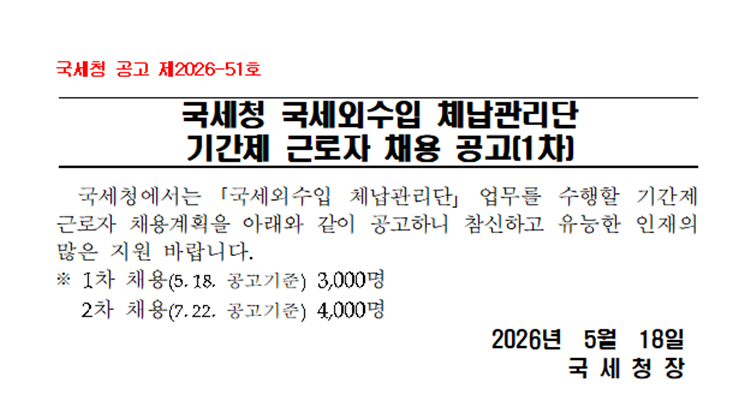 국세청 국세외수입 체납관리단 기간제 근로자 채용 공고(1차)