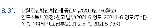 8.31. 12월 결산법인 법인세 중간예납(2021년 1~6월분) / 양도소득세(예정) 신고 납부(2021. 6. 양도, 2021. 1~6. 양도(주식)) / 상속·증여세 신고 납부(2021. 2. 상속, 2021. 5. 증여)