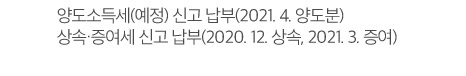 양도소득세(예정) 신고 납부(2021. 4. 양도분), 상속·증여세 신고 납부(2020. 12. 상속, 2021. 3. 증여)