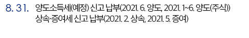 8.31. 양도소득세(예정) 신고 납부(2021. 6. 양도, 2021. 1~6. 양도(주식)) / 상속·증여세 신고 납부(2021. 2. 상속, 2021. 5. 증여)
