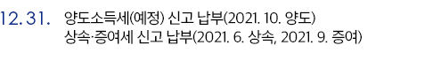 양도소득세(예정) 신고 납부(2021. 10. 양도), 상속·증여세 신고 납부(2021. 6. 상속, 2021. 9. 증여)