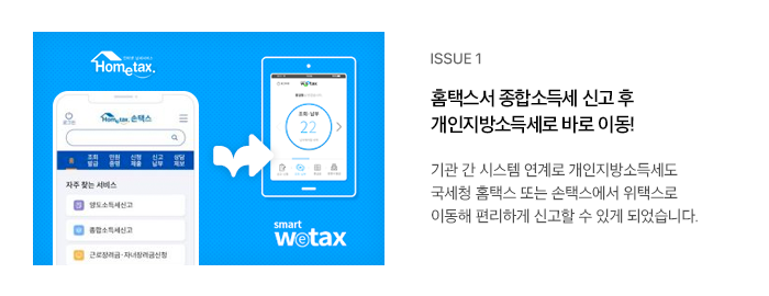 ISSUE 1 홈택스서 종합소득세 신고 후 개인지방소득세로 바로 이동! 기관 간 시스템 연계로 개인지방소득세도 국세청 홈택스 또는 손택스에서 위택스로 이동해 편리하게 신고할 수 있게 되었습니다.