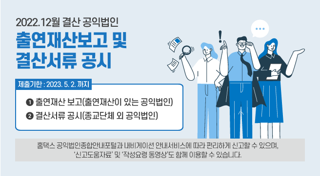 2022년 12월말 결산 공익법인이 출연재산 등에 대한 보고서와 결산서류 등을공시하는 기간입니다.
보고서 제출기한과 결산서류 공시기한은 2023년 5월 2일까지입니다.
홈택스 공익법인종합안내포털과 네비게이션 안내서비스에 따라 편리하게 신고할 수 있으며, ‘신고도움자료’ 및 ‘작성요령 동영상’도 함께 이용할 수 있습니다.