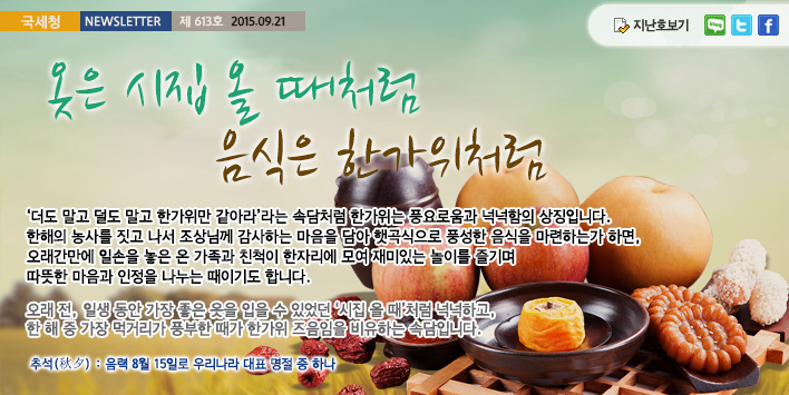 국세청뉴스레터 제613호 2015.9.21,옷은 시집 올 때처럼 음식은 한가위처럼, '더도 말고 덜도 말고 한가위만 같아라'라는 속담처럼 한가위는 풍요로움과 넉넉함의 상징입니다. 한해의 농사를 짓고 나서 조상님께 감사하는 마음을 담아 햇곡식으로 풍성한 음식을 마련하는가 하면, 오래간만에 일손을 놓은 온 가족과 친척이 한자리에 모여 재미있는 놀이를 즐기며 따뜻한 마음과 인정을 나누는 때이기도 합니다. 