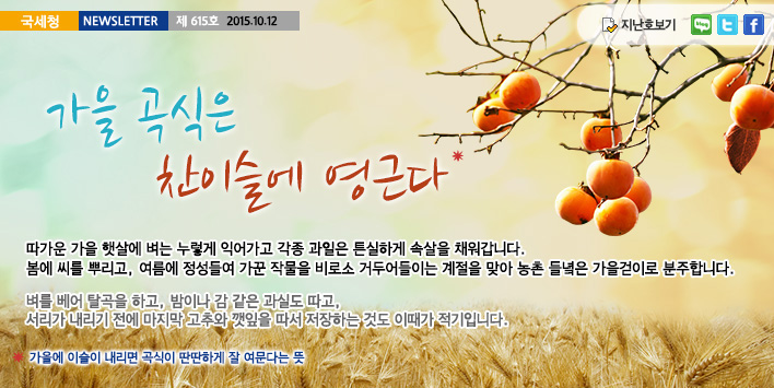 국세청뉴스레터 제615호 2015.10.12, 가을곡식은 찬이슬에 영근다.따가운 가을 햇살에 벼는 누렇게 익어가고 각종 과일은 튼실하게 속살을 채워갑니다.봄에 씨를 뿌리고, 여름에 정성들여 가꾼 작물을 비로서 거두어들이는 계절을 맞아 농촌 들녘은 가을 걷이로 분주합니다. 벼를 베어 탈곡을 하고, 밤이나 감 같은 과실도 따고, 서리가 내리기 전에 마지막 고추와 깻잎을 따서 저장하는 것도 이때가 적기입니다. 
