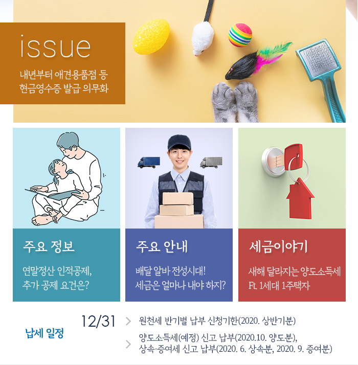 issue - 내년부터 애견용품점 등 현금영수증 발급 의무화
주요 정보 - 연말정산 인적공제, 추가 공제 요건은?
주요 안내 - 배달 알바 전정시대! 세금은 얼마나 내야 하지?
세금이야기 - 새해 달라지는 양도소득세 Ft. 1세대 1주택자
납세 일정(12/31)
- 원천세 반기별 납부 신청기한(2020. 상반기분)
- 양도소득세(예정) 신고 납부(2020.10. 양도분), 상속·증여세 신고 납부(2020. 6. 상속분, 2020. 9. 증여분)