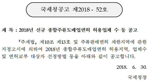 국세청공고 제2018-52호 제목:2018년 신규 종합주류도매업면허 허용업체 수 등 공고 주세법 제10조 제13호 및 주류판매면허 제한지역에 관한 지정고시에 의하여 2018년 종합주류도매업면허 허용지역, 업체수 및 면허교부 대상자 선정방법 등을 아래와 같이 공고합니다. 2018.6.30. 국세청장