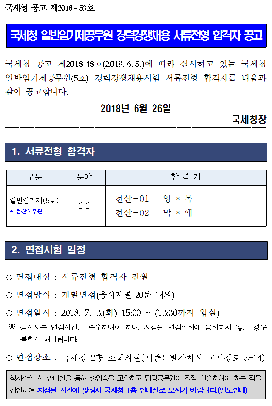 국세청 일반임기제공무원 경력경쟁채용 서류전형 합격자 공고