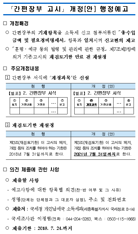간편장부 고시 개정(안) 행정예고 간편장부 고시 개정(안) 행정예고