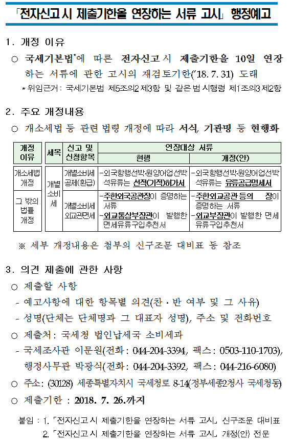 ?전자신고시 제출기한을 연장하는 서류 고시? 행정예고