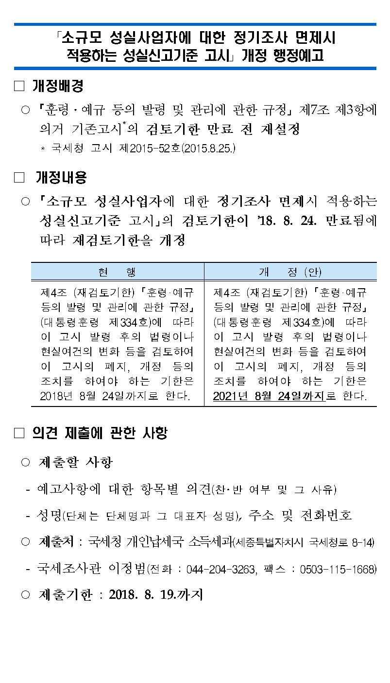 소규모 성실사업자에 대한 정기조사 면제시 적용하는 성실신고기준 고시? 개정 행정예고 소규모 성실사업자에 대한 정기조사 면제시 적용하는 성실신고기준 고시