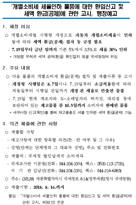 개별소비세 세율인하 물품에 대한 환입신고 및 세액 환급(공제)에 관한 고시 행정예고 안내 개별소비세 세율인하 물품에 대한 환입신고 및 세액 환급(공제)에 관한 고시 행정예고 안내