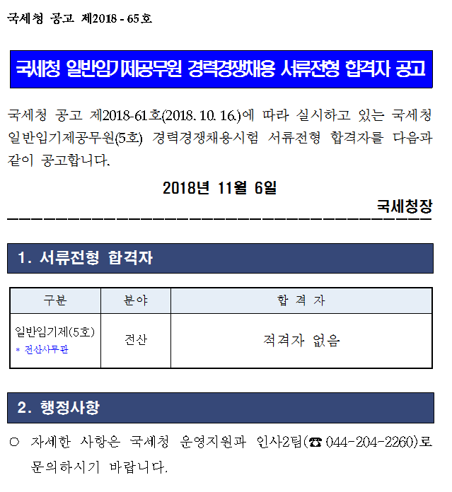 국세청 일반임기제공무원 경력경쟁채용 서류전형 합격자 공고