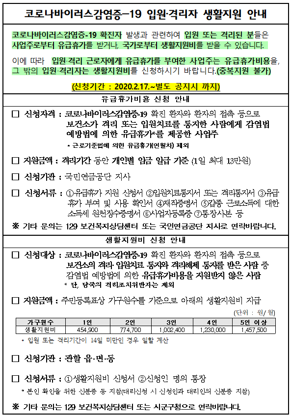 코로나바이러스감염증-19 입원·격리자 생활지원 안내<br/><br/>코로나바이러스감염증-19 확진자 발생과 관련하여 입원 또는 격리된 분들은 사업주로부터 유급휴가를 받거나, 국가로부터 생활지원비를 받을 수 있습니다. <br/><br/>이에 따라 입원·격리 근로자에게 유급휴가를 부여한 사업주는 유급휴가비용을, 그 밖의 입원·격리자는 생활지원비를 신청하시기 바랍니다.(중복지원 불가)<br/><br/><br/>(신청기간 : 2020.2.17.~별도 공지시 까지)<br/>유급휴가비용 신청 안내<br/><br/>□ 신청자격 : 코로나바이러스감염증-19 확진 환자와 환자의 접촉 등으로 보건소가 격리 또는 입원치료를 통지한 사람에게 감염법 예방법에 의한 유급휴가*를 제공한 사업주<br/> * 근로기준법에 의한 유급휴가(연월차) 제외<br/><br/>□ 지원금액 : 격리기간 동안 개인별 임금 일급 기준 (1일 최대 13만원)<br/><br/>□ 신청기관 : 국민연금공단 지사<br/><br/>□ 신청서류 : ①유급휴가 지원 신청서 ②입원치료통지서 또는 격리통지서 ③유급휴가 부여 및 사용 확인서 ④재직증명서 ⑤갑종 근로소득에 대한 소득세 원천징수증명서 ⑥사업자등록증 ⑦통장사본 등<br/><br/>※ 기타 문의는 129 보건복지상담센터 또는 국민연금공단 지사로 연락바랍니다. <br/>생활지원비 신청 안내<br/><br/>□ 신청대상 : 코로나바이러스감염증-19 확진 환자와 환자의 접촉 등으로 보건소의 격리·입원치료 통지와 격리해제 통지를 받은 사람 중 감염법 예방법에 의한 유급휴가비용을 지원받지 않은 사람<br/> * 단, 당국의 격리조치위반자는 제외<br/><br/>□ 지원금액 : 주민등록표상 가구원수를 기준으로 아래의 생활지원비 지급<br/><br/>(단위 : 원/월)<br/>가구원수<br/>1인<br/>2인<br/>3인<br/>4인<br/>5인 이상<br/>생활지원비<br/>454,900<br/>774,700<br/>1,002,400<br/>1,230,000<br/>1,457,500<br/><br/> * 입원 또는 격리기간이 14일 미만인 경우 일할 계산<br/><br/>□ 신청기관 : 관할 읍·면·동<br/><br/>□ 신청서류 : ①생활지원비 신청서 ②신청인 명의 통장<br/> * 본인 확인을 위한 신분증 등 지참(대리신청 시 신청인과 대리인의 신분증 지참)<br/><br/>※ 기타 문의는 129 보건복지상담센터 또는 시군구청으로 연락바랍니다. <br/>