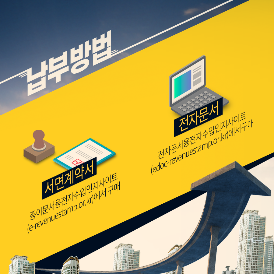 건설도급계약관련 인지세 납부안내국세청 홍보과-납부대상-1 건설산업기본법 제22조에 따라 작성하는 도급문서- 종합 건설업, 전문 건설업, 기계설비 건설업2 전기공사업법 제12조에 따라 작성하는 도급문서3 정보통신공사업법 제26조에 따라 작성하는 도급문서-납부방법-서면계약서 종이문서용전자수입인지사이트(e-revenuestamp.or.kr)에서 구매전자문서전자문서용전자수입인지사이트(edoc-revenuestamp.or.kr)에서 구매-유의사항-계약당시 전자수입인지를 구입 첨부하여야 하며 미납부시 300% 가산세 부과※자세한 사항은 세무서(소비세담당)에게 문의
