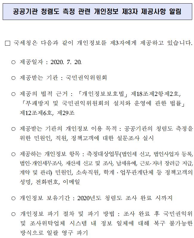 공공기관 청렴도 측정 관련 개인정보 제3자 제공사항 알림<br/><br/><br/><br/> □ 국세청은 다음과 같이 개인정보를 제3자에게 제공하고 있습니다.<br/><br/> ○ 제공일자 : 2020. 7. 20.<br/><br/> ○ 제공받는 기관 : 국민권익위원회<br/><br/> ○ 제공의 법적 근거 : 「개인정보보호법」제18조제2항제2호, 「부패방지 및 국민권익위원회의 설치와 운영에 관한 법률」 제12조제6호, 제29조<br/><br/> ○ 제공받는 기관의 개인정보 이용 목적 : 공공기관의 청렴도 측정을 위한 민원인, 직원, 정책고객에 대한 설문조사 실시<br/><br/> ○ 제공하는 개인정보 항목 : 측정대상업무(법인세 신고, 법인사업자 등록, 법인·개인세무조사, 재산세 신고 및 조사, 납세유예, 근로·자녀 장려금 지급, 계약 및 관리) 민원인, 소속직원, 학계ㆍ업무관계단체 등 정책고객의 성명, 전화번호, 이메일<br/><br/> ○ 개인정보 보유기간 : 2020년도 청렴도 조사 완료 시까지<br/><br/> ○ 개인정보 파기 절차 및 파기 방법 : 조사 완료 후 국민권익위 및 조사위탁업체 시스템 내 정보 일체에 대해 복구 불가능한 방식으로 일괄 영구 파기