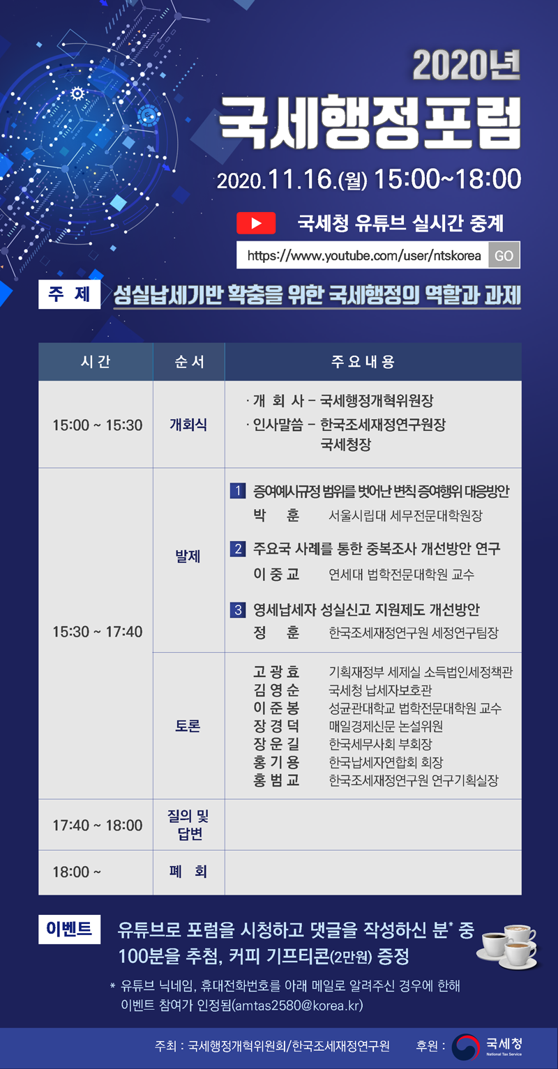 2020 국세행정포럼 개최 안내 2020년 국세행정포럼<br/><br/>2020.11.16.(월) 15:00~18:00<br/><br/>국세청 유튜브 실시간 중계<br/><br/>https://www.youtube.com/user/ntskorea GO!<br/><br/>| 주제 성실납세기반 확충을 위한 국세행정의 역할과 과제<br/><br/>주제<br/><br/>시간<br/><br/>순서<br/><br/>주요 내용<br/><br/>15:00 ~ 15:30 |<br/><br/>개회식<br/><br/>· 개 회 사 - 국세행정개혁위원장 · 인사말씀 - 한국조세재정연구원장<br/><br/>국세청장<br/><br/>| 증여사규정 범위를 벗어난 변칙증여행위 대응방안 박 훈 서울시립대 세무전문대학원장<br/><br/>발제<br/><br/>| 주요국 사례를 통한 중복조사 개선방안 연구 이중 교 연세대 법학전문대학원 교수<br/><br/>13 영세납세자 성실신고 지원제도 개선방안<br/><br/>정 훈 한국조세재정연구원 세정연구팀장<br/><br/>15:30 ~ 17:40<br/><br/>고 광효 - 기획재정부 세제실 소득법인세정책관 김영순 국세청 납세자보호관<br/><br/>성균관대학교 법학전문대학원 교수 장경덕 매일경제신문 논설위원<br/><br/>한국세무사회 부회장 한국납세자연합회 회장 한국조세재정연구원 연구기획실장<br/><br/>17:40 ~ 18:00<br/><br/>질의 및 답변<br/><br/>18:00 ~<br/><br/>폐<br/><br/>회<br/><br/>이벤트 유튜브로 포럼을 시청하고 댓글을 작성하신 분 중<br/><br/>100분을 추첨, 커피 기프티콘(2만원) 증정 * 유튜브 닉네임, 휴대전화번호를 아래 메일로 알려주신 경우에 한해<br/><br/>이벤트 참여가 인정됨(amtas2580@korea.kr)<br/><br/>주최 : 국세행정개혁위원회/한국조세재정연구원<br/><br/>후원:<br/><br/>국세청<br/><br/>National Tes service<br/><br/>