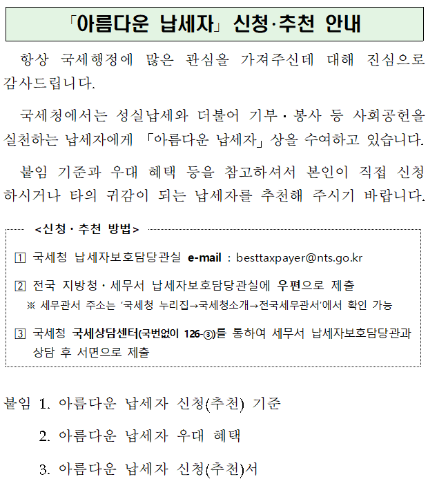 「아름다운 납세자」 신청・추천 안내 ?아름다운 납세자? 신청?추천 안내<br/><br/>항상 국세행정에 많은 관심을 가져주신데 대해 진심으로 감사드립니다.<br/>국세청에서는 성실납세와 더불어 기부ㆍ봉사 등 사회공헌을 실천하는 납세자에게 「아름다운 납세자」상을 수여하고 있습니다.<br/>붙임 기준과 우대 혜택 등을 참고하셔서 본인이 직접 신청하시거나 타의 귀감이 되는 납세자를 추천해 주시기 바랍니다.<br/><br/><신청?추천 방법><br/><br/><br/><br/>?? 국세청 납세자보호담당관실 e-mail : besttaxpayer@nts.go.kr<br/>?? 전국 지방청?세무서 납세자보호담당관실에 우편으로 제출<br/> ※ 세무관서 주소는 ‘국세청 누리집→국세청소개→전국세무관서’에서 확인 가능<br/>?? 국세청 국세상담센터(국번없이 126-③)를 통하여 세무서 납세자보호담당관과 상담 후 서면으로 제출<br/><br/>붙임 1. 아름다운 납세자 신청(추천) 기준<br/> 2. 아름다운 납세자 우대 혜택<br/> 3. 아름다운 납세자 신청(추천)서<br/>